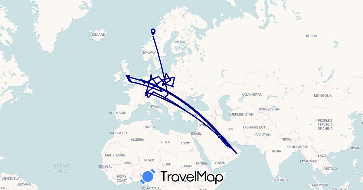 TravelMap itinerary: driving in United Arab Emirates, Austria, Switzerland, Germany, France, United Kingdom, Croatia, Hungary, Kuwait, Netherlands, Norway, Oman, Poland, Qatar, Turkey (Asia, Europe)